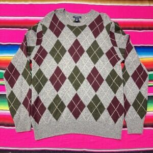 Vintage 90s Lands End Men L 100% Lambswool Grey Argyle Sweater Preppy Grunge